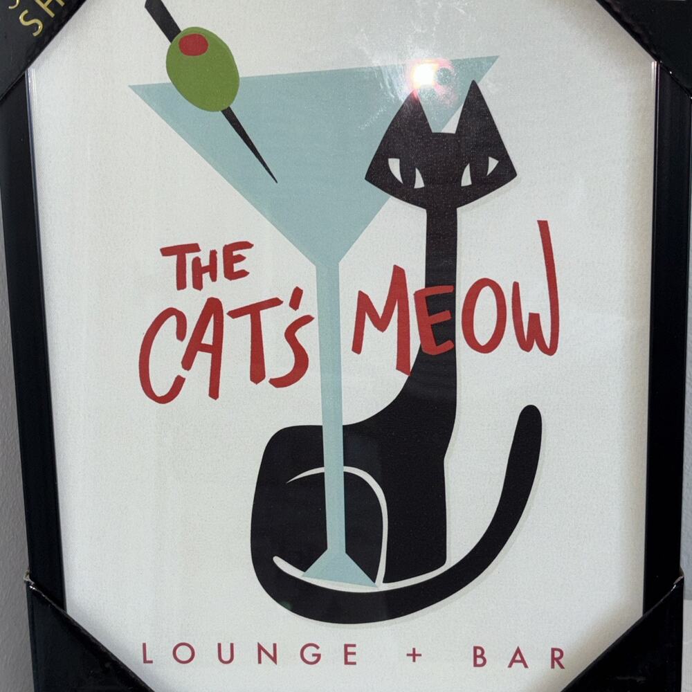Sapna Shah "The Cats Meow Lounge + Bar" Martini Framed Wall Art Cat 12” x 18”